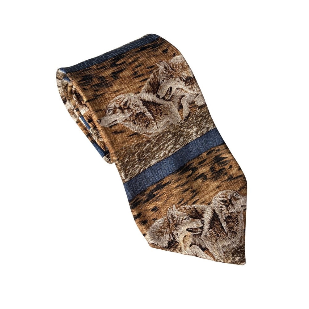 Wildlife Domain Bonnie Marris Wolf Silk Tie Catch The Wind Brown Blue Vintage 98